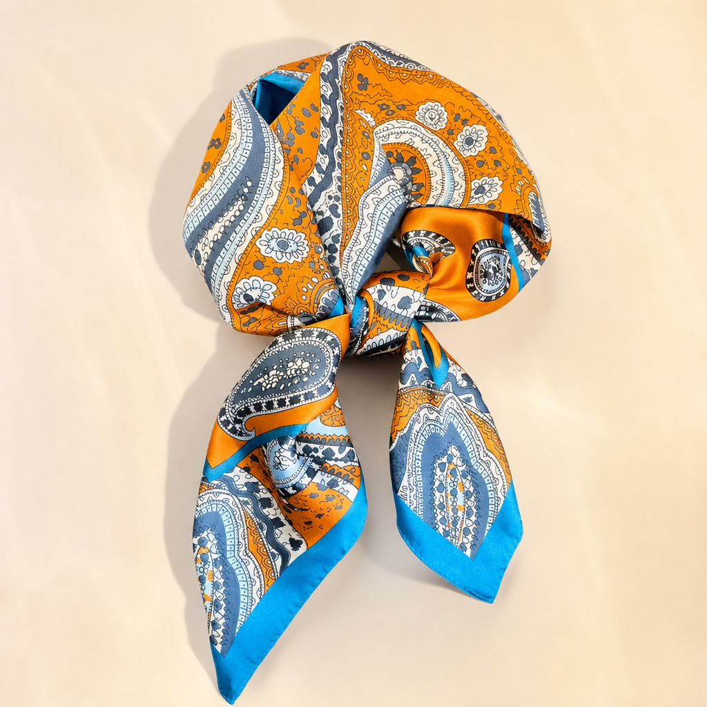 Pañuelo Paisley Naranja y Azul, presentado con luz suave y estilo cuidado con acabado cuidado