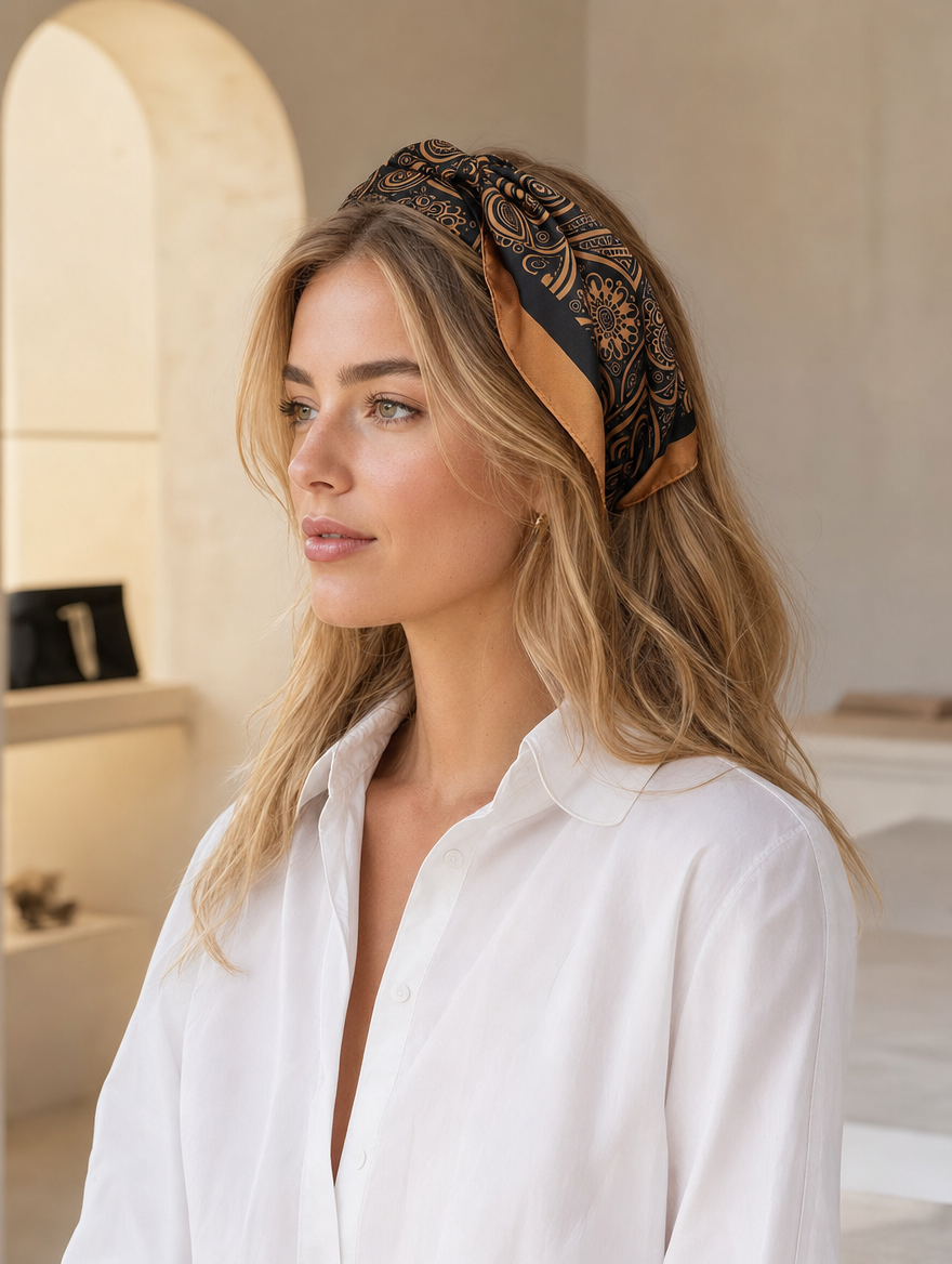 Pañuelo Paisley Negro y Dorado, usado en el cabello con aire mediterráneo y acabado cuidado