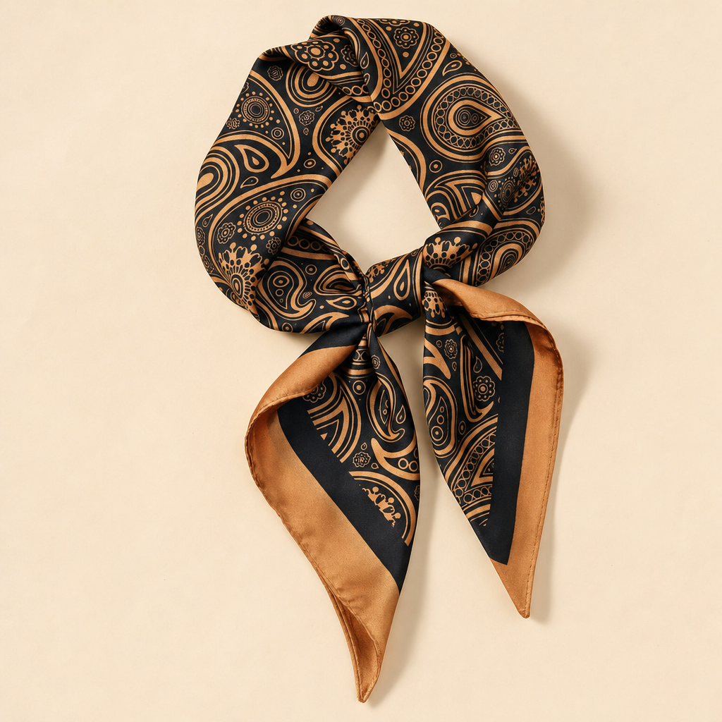 Pañuelo Paisley Negro y Dorado, presentado con luz suave y estilo cuidado con acabado cuidado