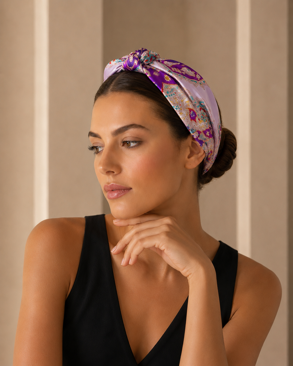 Pañuelo Paisley Rosa y Morado, usado como accesorio versátil de inspiración mediterránea