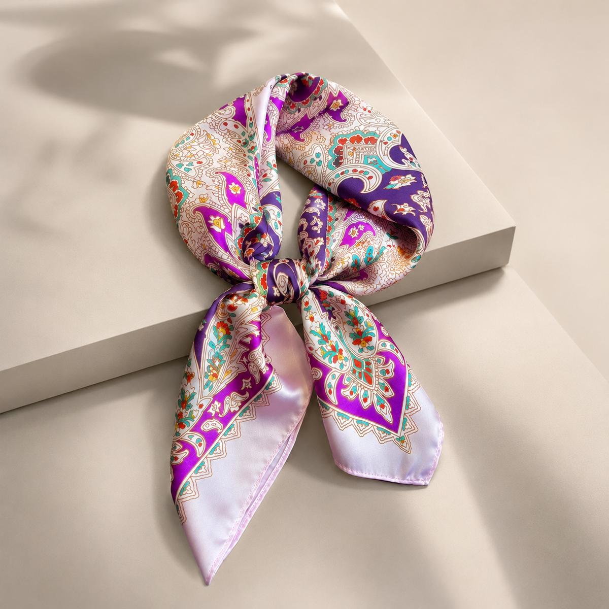 Pañuelo Paisley Rosa y Morado, presentado con luz suave y estilo cuidado con acabado cuidado