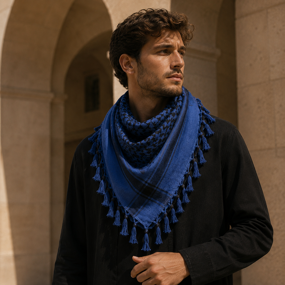 Pañuelo Palestino Azul, llevado para un look cuidado y elegante para un look femenino elegante