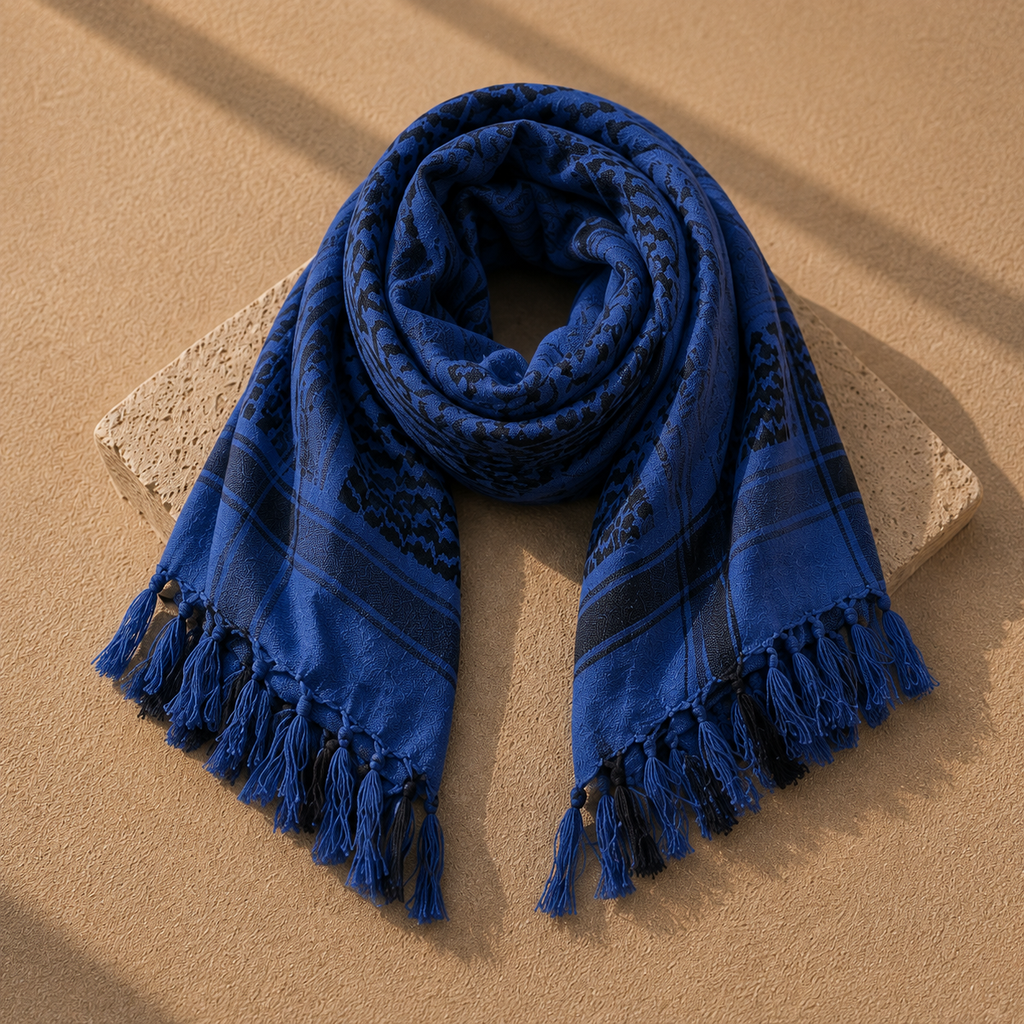 Pañuelo Palestino Azul, mostrado con composición cuidada y acabado sofisticado de inspiración mediterránea