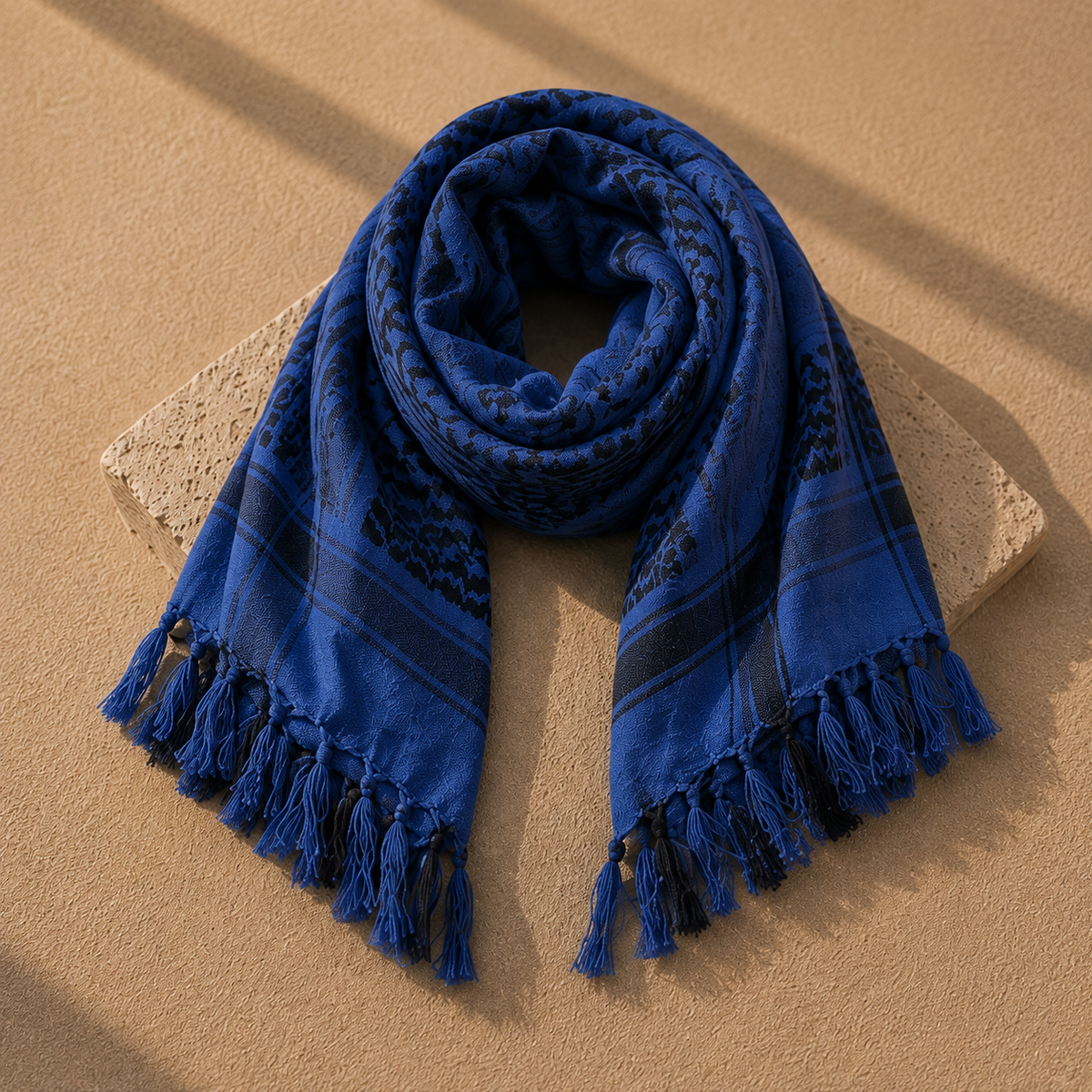 Pañuelo Palestino Azul, mostrado con composición cuidada y acabado sofisticado de inspiración mediterránea