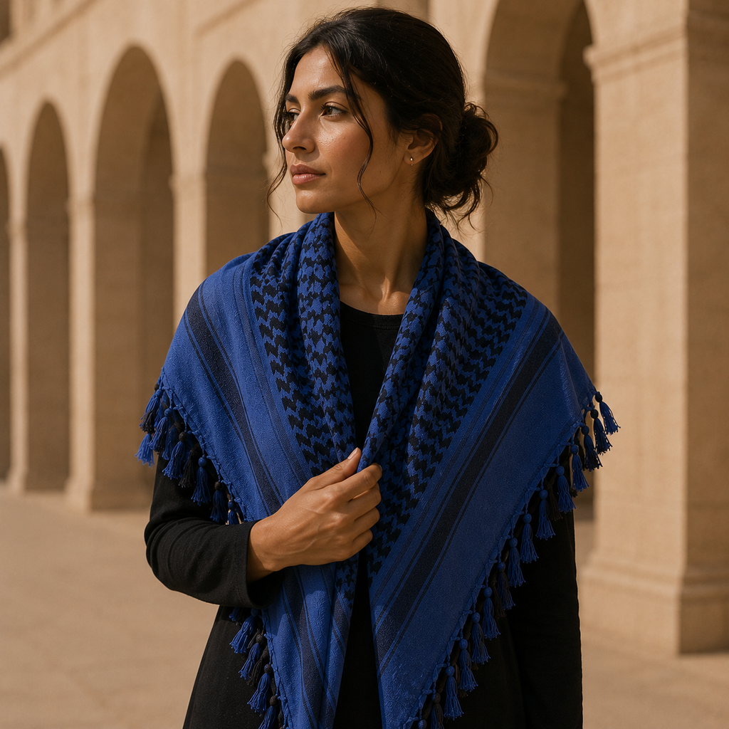 Pañuelo Palestino Azul, usado como accesorio versátil de inspiración mediterránea