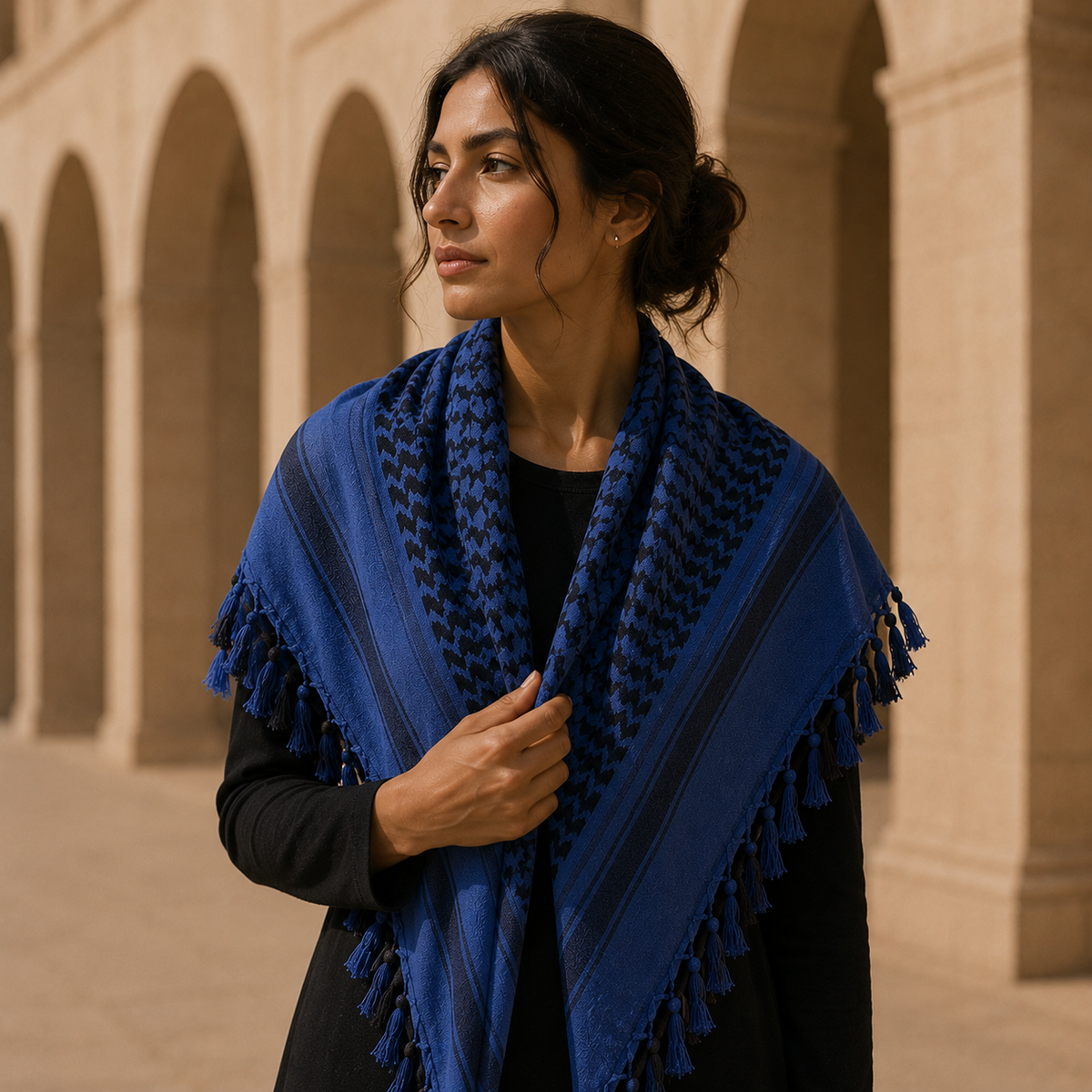Pañuelo Palestino Azul, usado como accesorio versátil de inspiración mediterránea