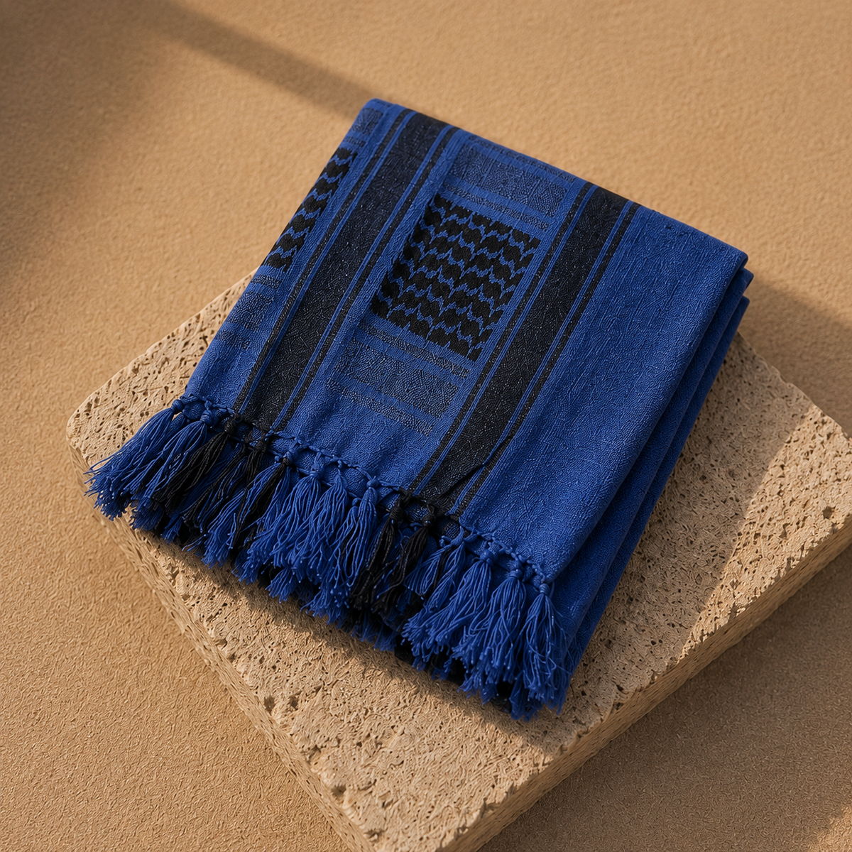 Pañuelo Palestino Azul, presentado con luz suave y estilo cuidado con acabado cuidado