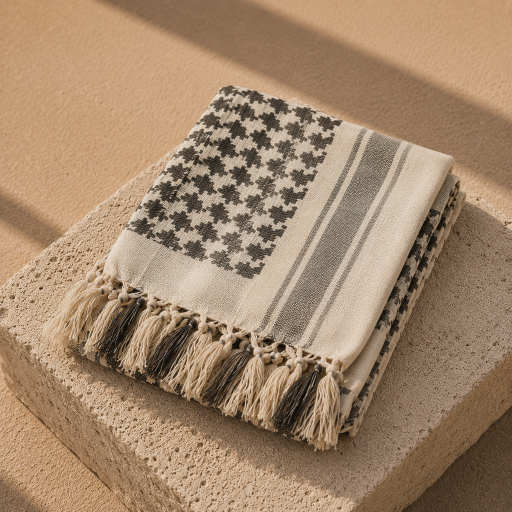 Pañuelo Palestino Beige y Negro, llevado para un look cuidado y elegante para un look femenino elegante