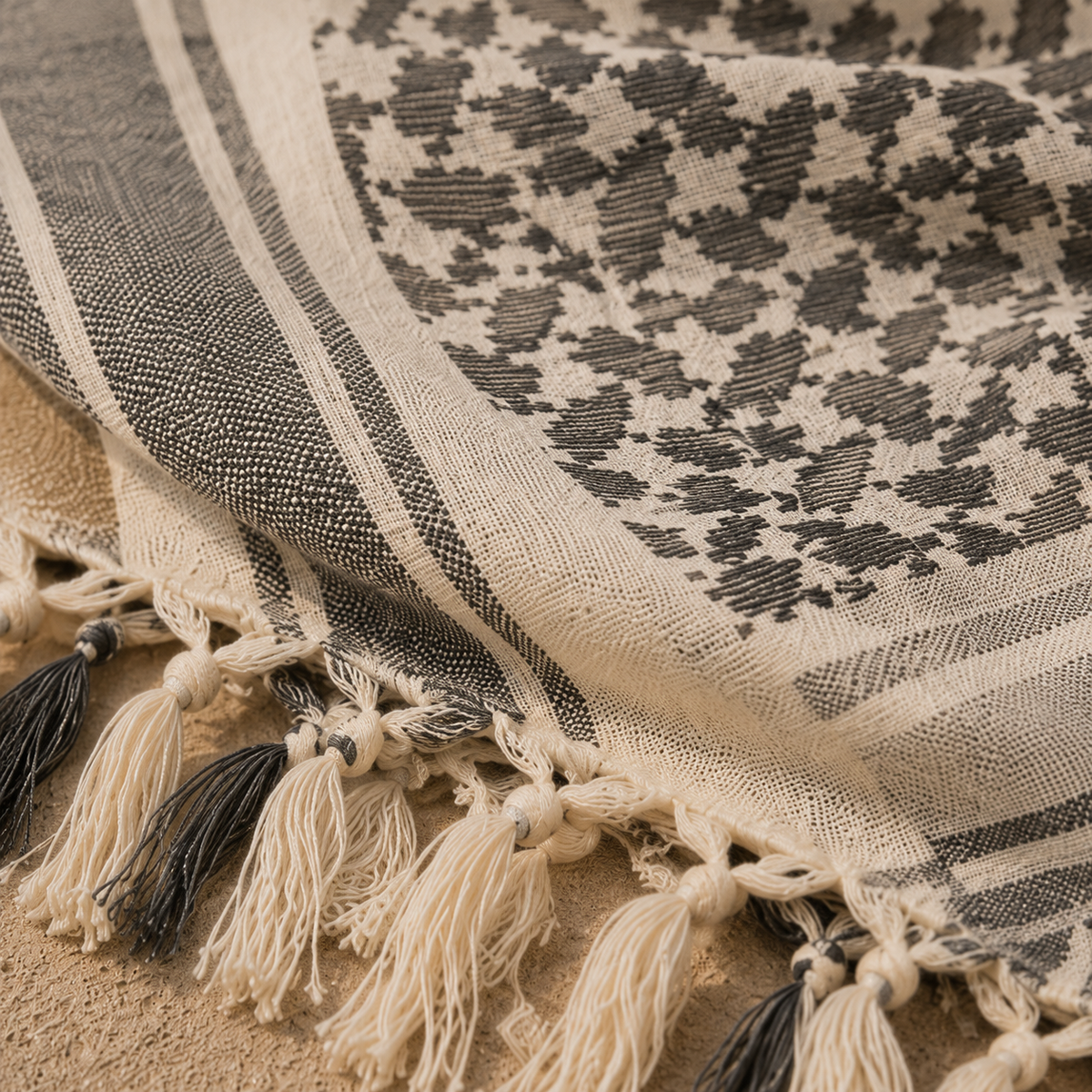 Pañuelo Palestino Beige y Negro, usado como accesorio versátil de inspiración mediterránea