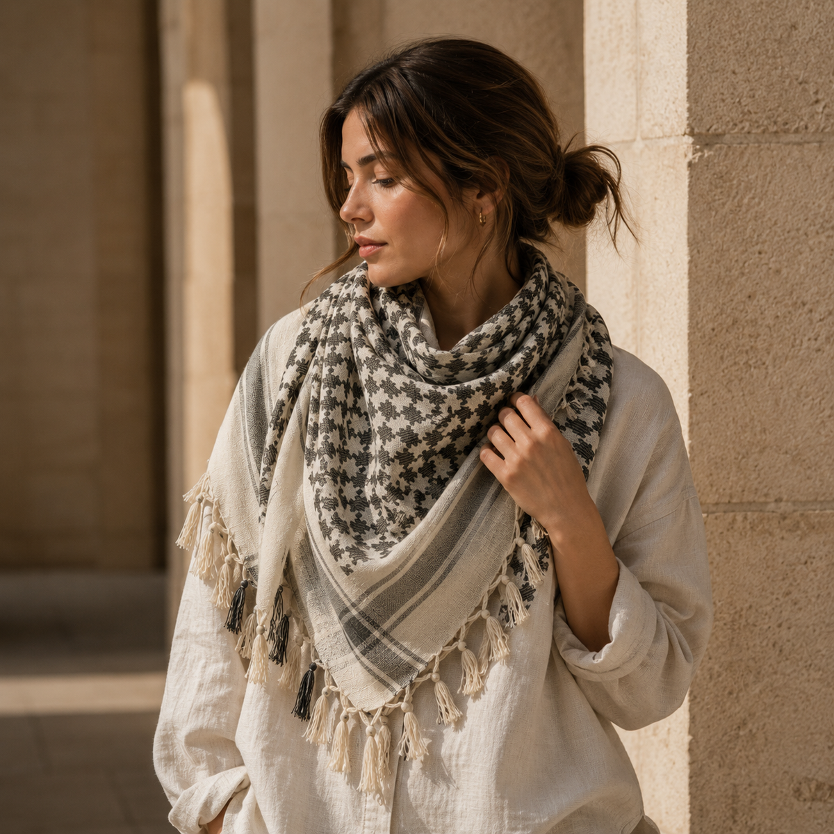 Pañuelo Palestino Beige y Negro, presentado con luz suave y estilo cuidado con acabado cuidado