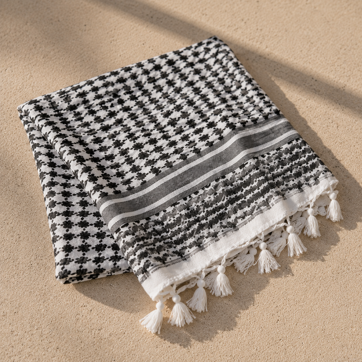 Pañuelo Palestino Blanco y Negro Clásico, llevado para un look cuidado y elegante
