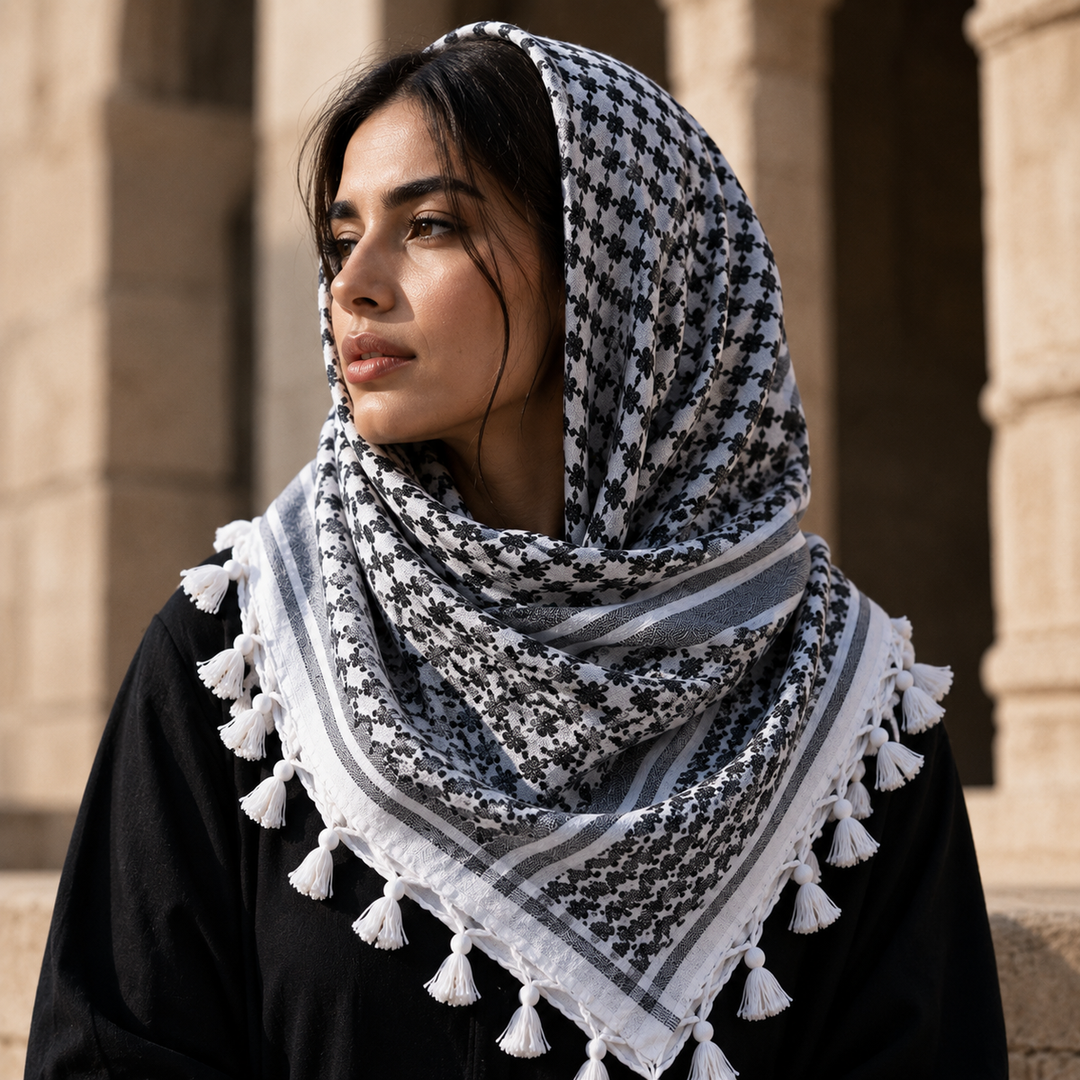 Pañuelo Palestino Blanco y Negro Clásico, mostrado con composición cuidada y acabado sofisticado