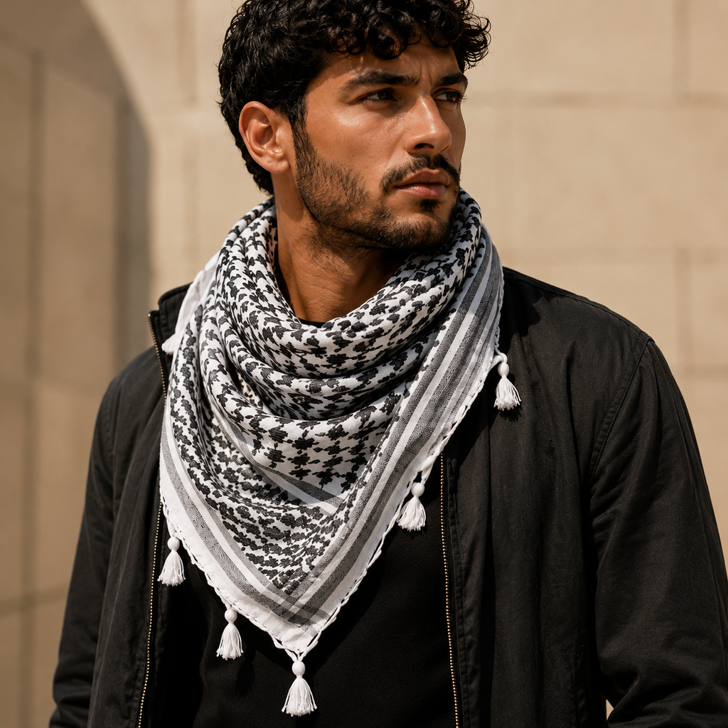Pañuelo Palestino Blanco y Negro Clásico, usado como accesorio versátil de inspiración mediterránea