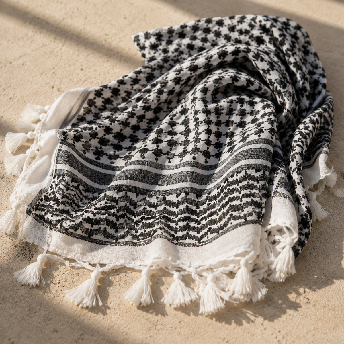 Pañuelo Palestino Blanco y Negro Clásico, ideal para completar un look femenino y elegante