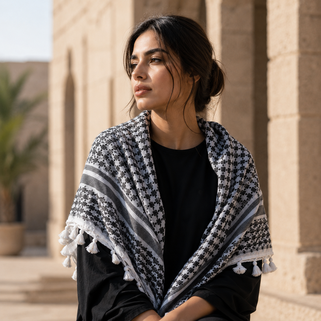 Pañuelo Palestino Blanco y Negro Clásico, presentado con luz suave y estilo cuidado