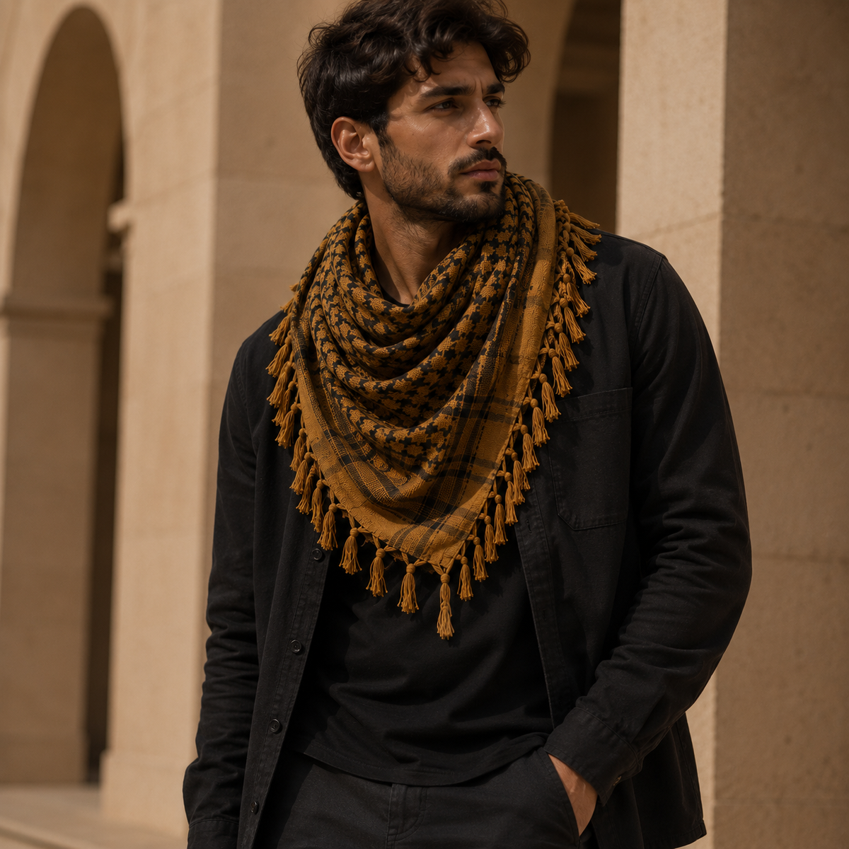 Pañuelo Palestino Mostaza, llevado para un look cuidado y elegante para un look femenino elegante