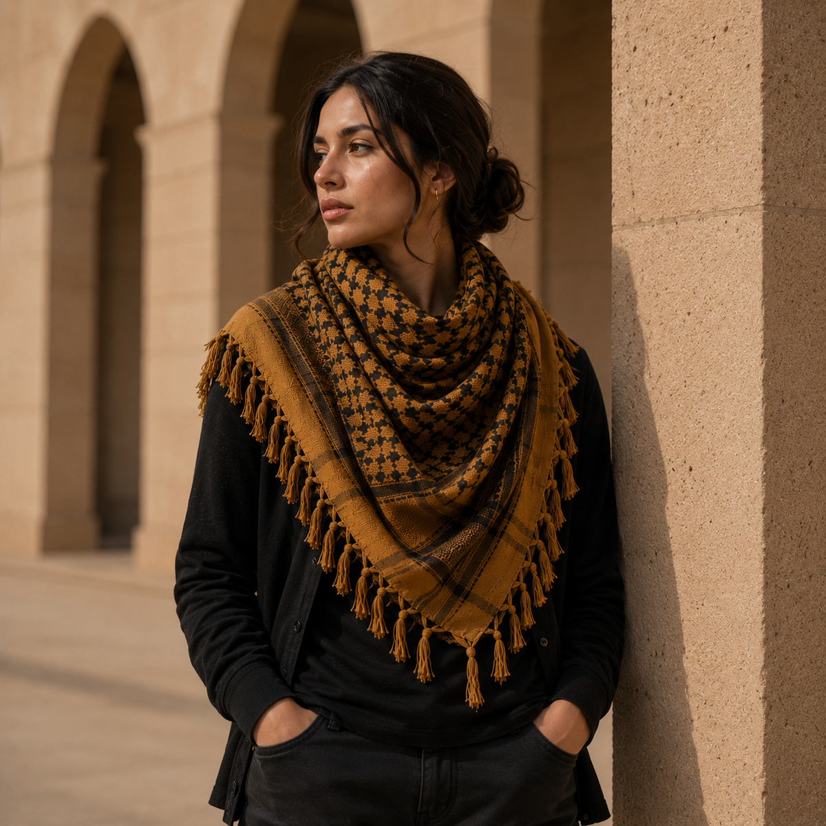 Pañuelo Palestino Mostaza, usado como accesorio versátil de inspiración mediterránea
