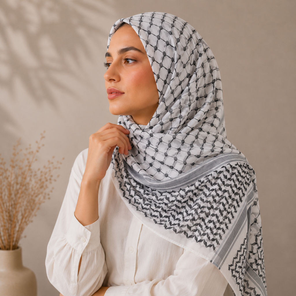 Pañuelo Palestino Negro, llevado para un look cuidado y elegante para un look femenino elegante
