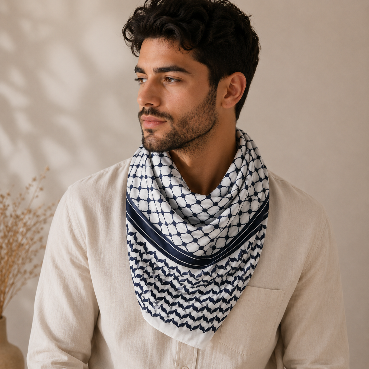 Pañuelo Palestino Negro, usado como accesorio versátil de inspiración mediterránea