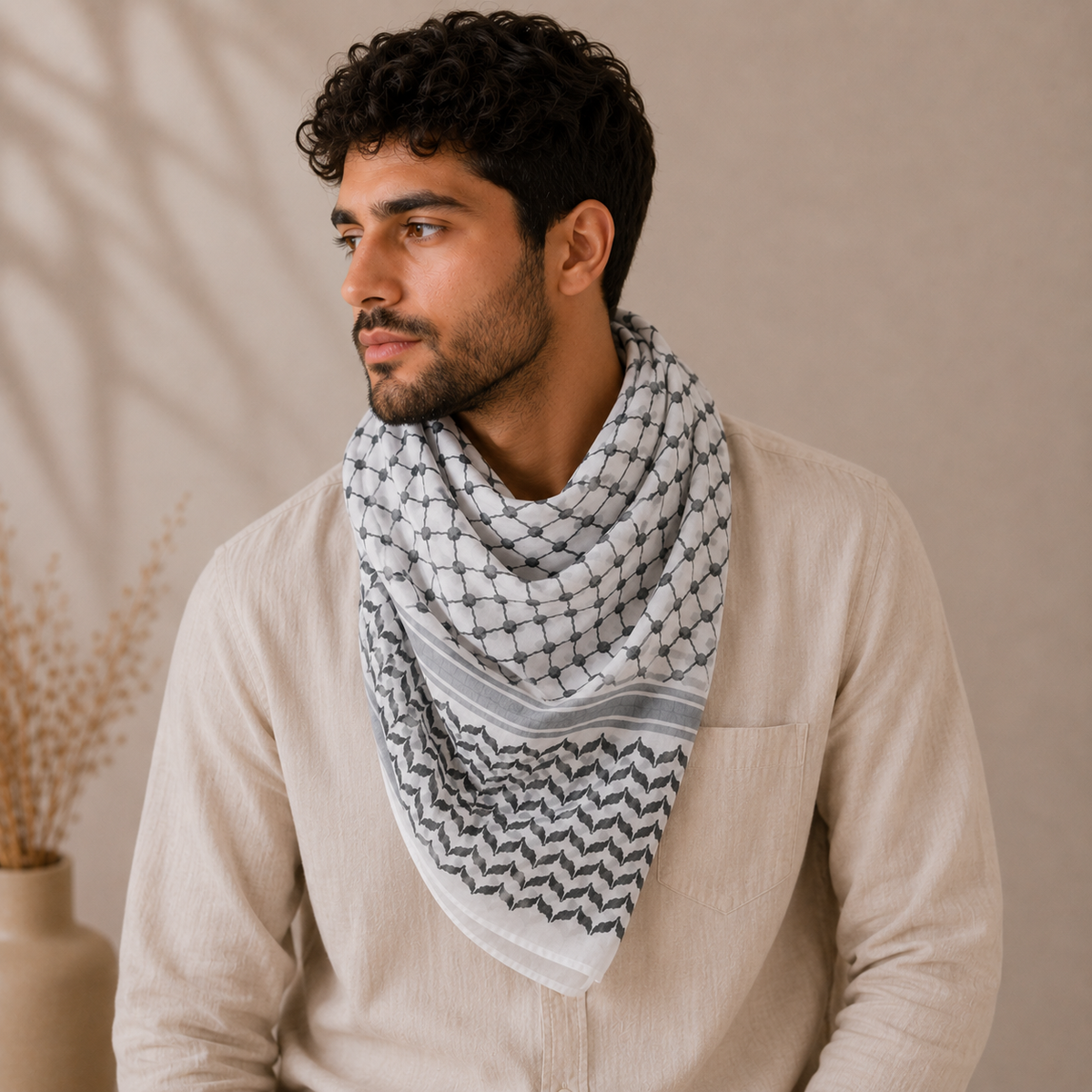 Pañuelo Palestino Negro, usado como accesorio versátil de inspiración mediterránea