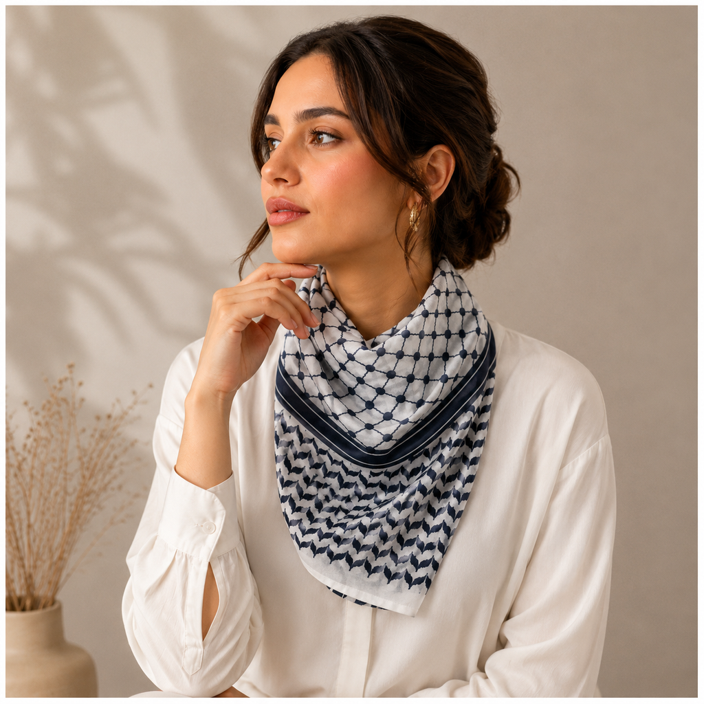 Pañuelo Palestino Negro, presentado con luz suave y estilo cuidado con acabado cuidado