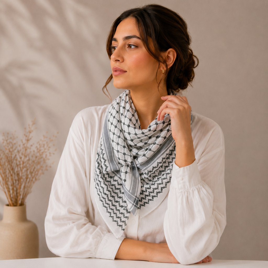 Pañuelo Palestino Negro, presentado con luz suave y estilo cuidado con acabado cuidado