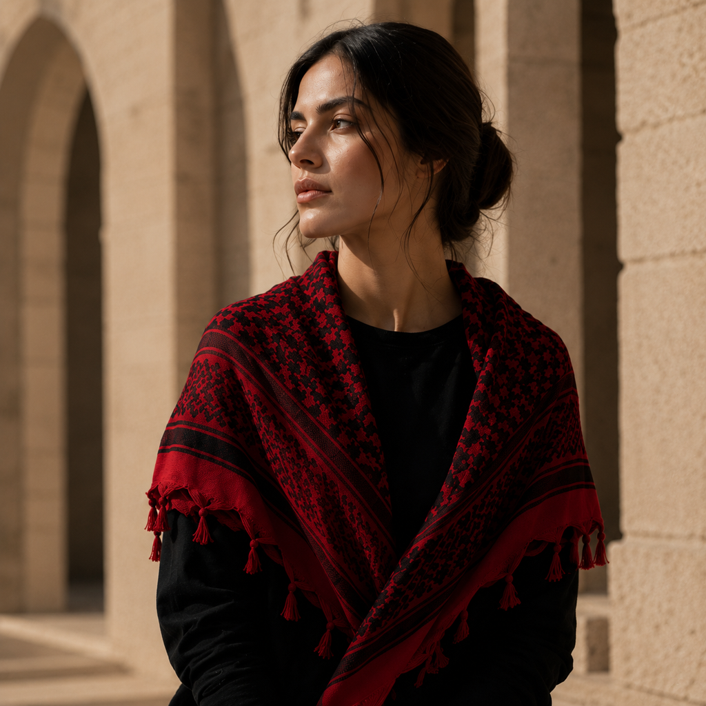 Pañuelo Palestino Rojo, llevado para un look cuidado y elegante para un look femenino elegante