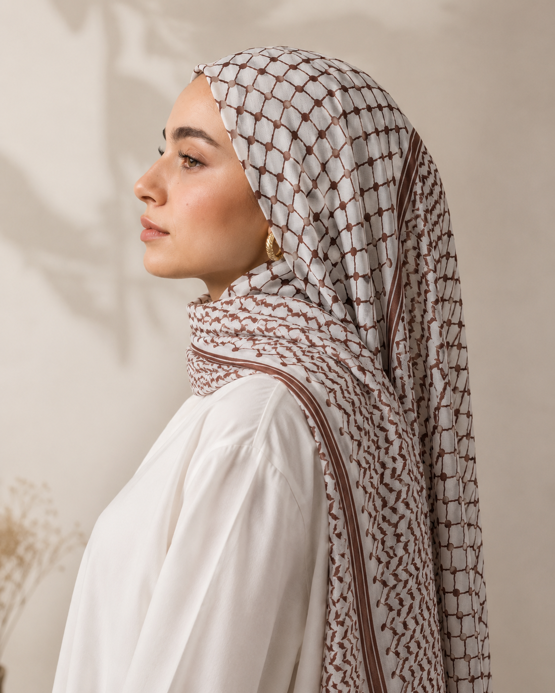Pañuelo Palestino Rojo, llevado para un look cuidado y elegante para un look femenino elegante