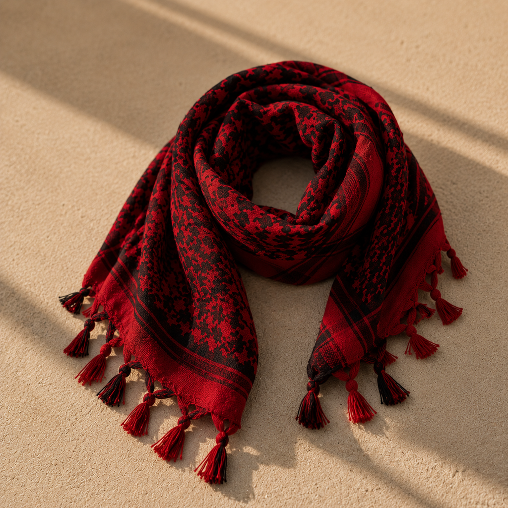 Pañuelo Palestino Rojo, mostrado con composición cuidada y acabado sofisticado de inspiración mediterránea