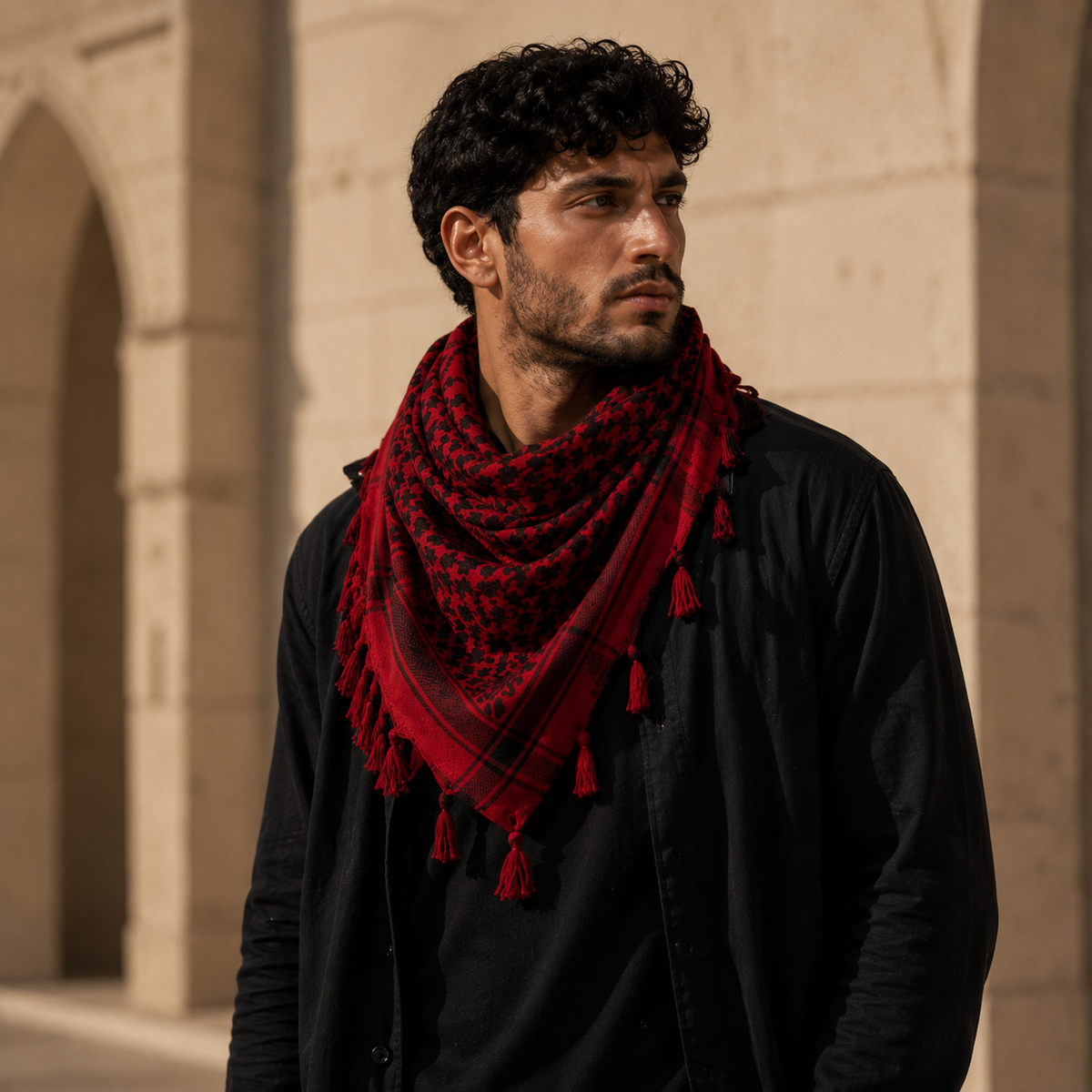 Pañuelo Palestino Rojo, usado como accesorio versátil de inspiración mediterránea