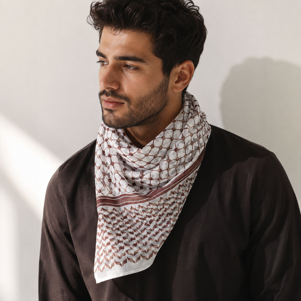 Pañuelo Palestino Rojo, usado como accesorio versátil de inspiración mediterránea