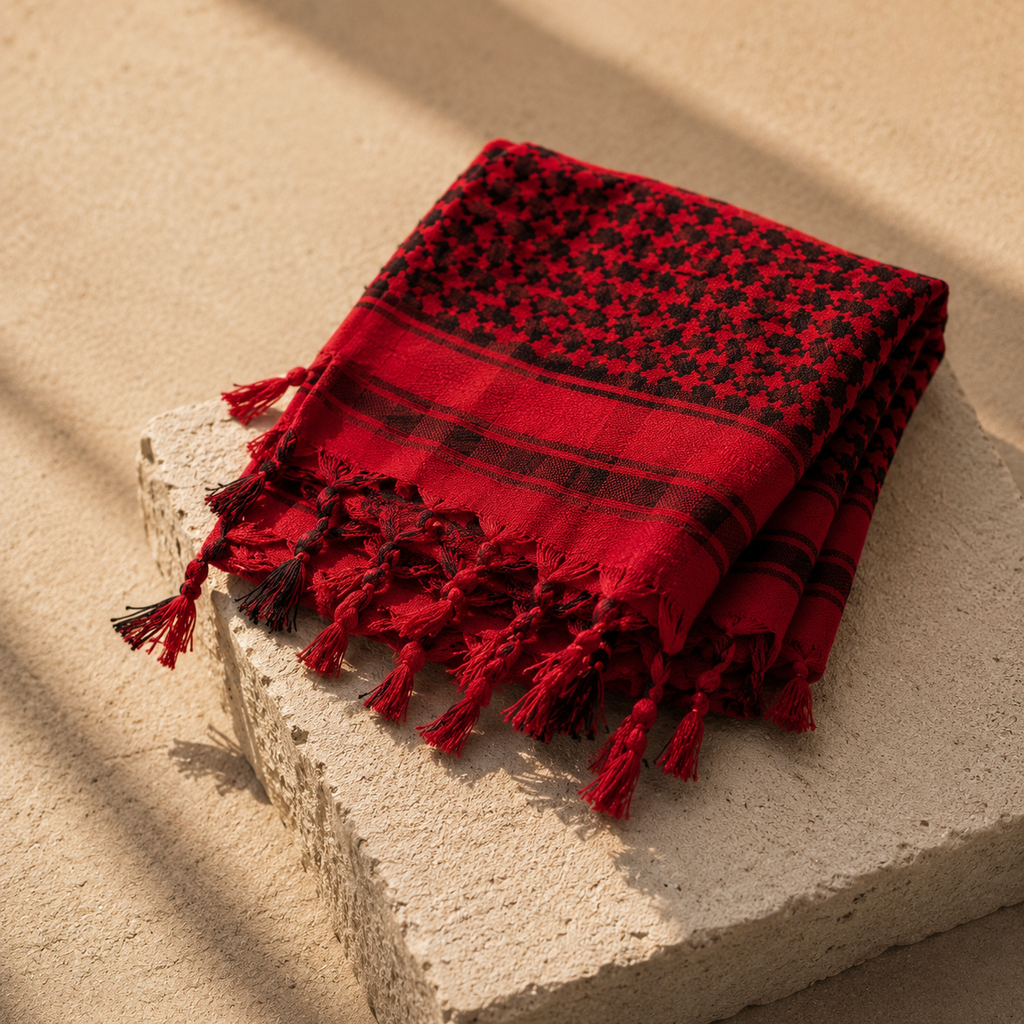Pañuelo Palestino Rojo, presentado con luz suave y estilo cuidado con acabado cuidado