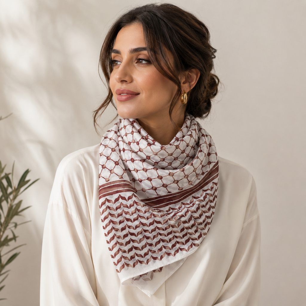 Pañuelo Palestino Rojo, presentado con luz suave y estilo cuidado con acabado cuidado