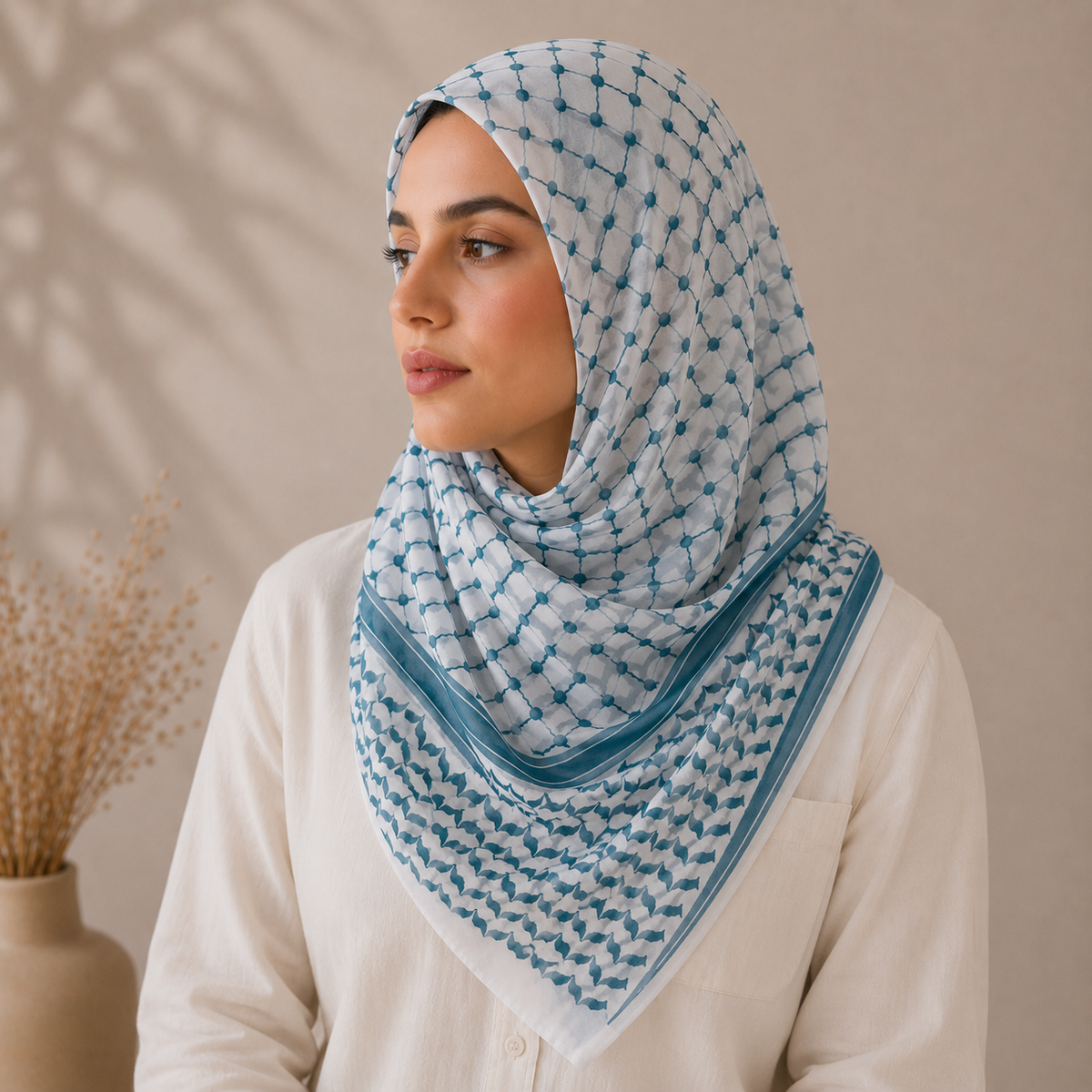 Pañuelo Palestino Turquesa, llevado para un look cuidado y elegante para un look femenino elegante