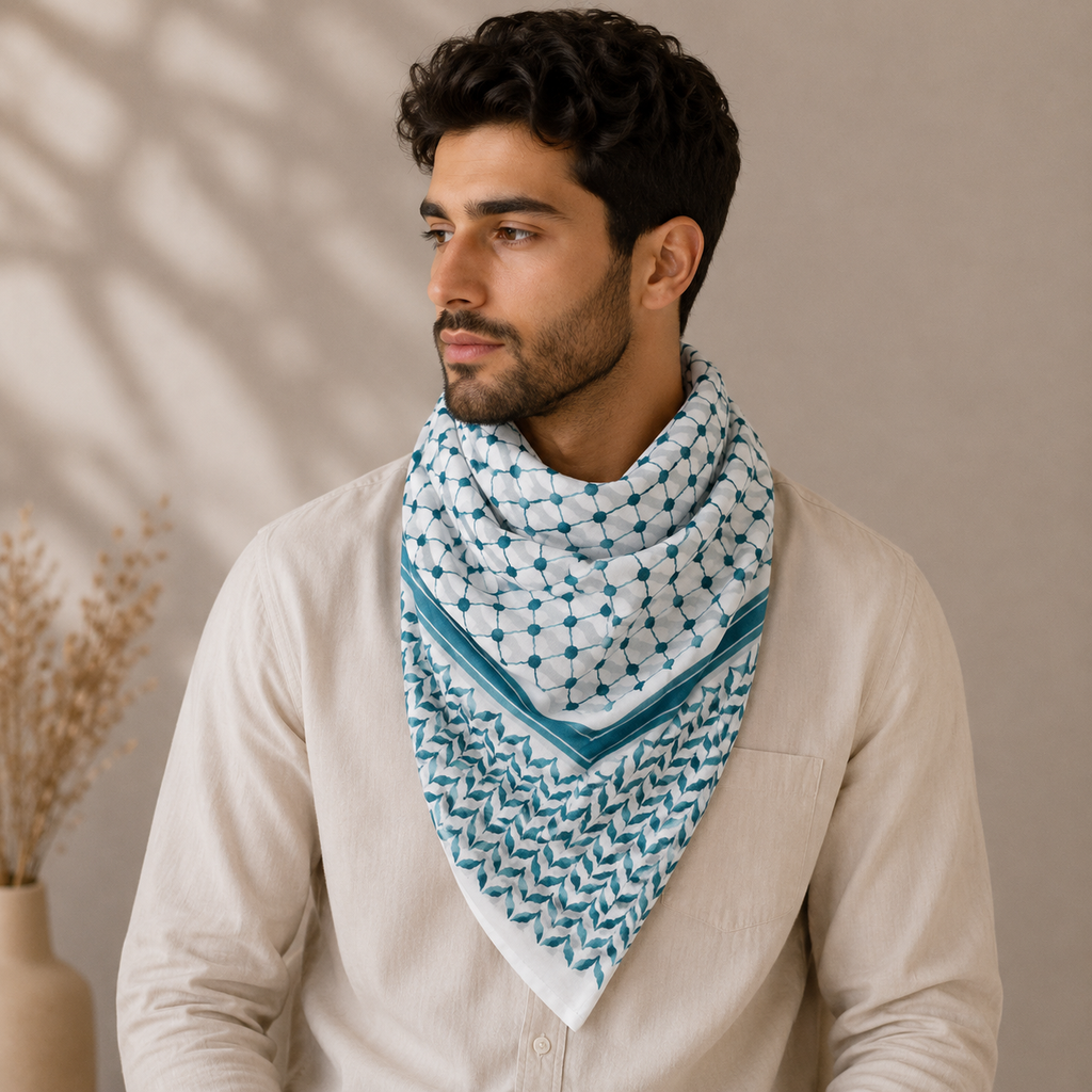 Pañuelo Palestino Turquesa, usado como accesorio versátil de inspiración mediterránea