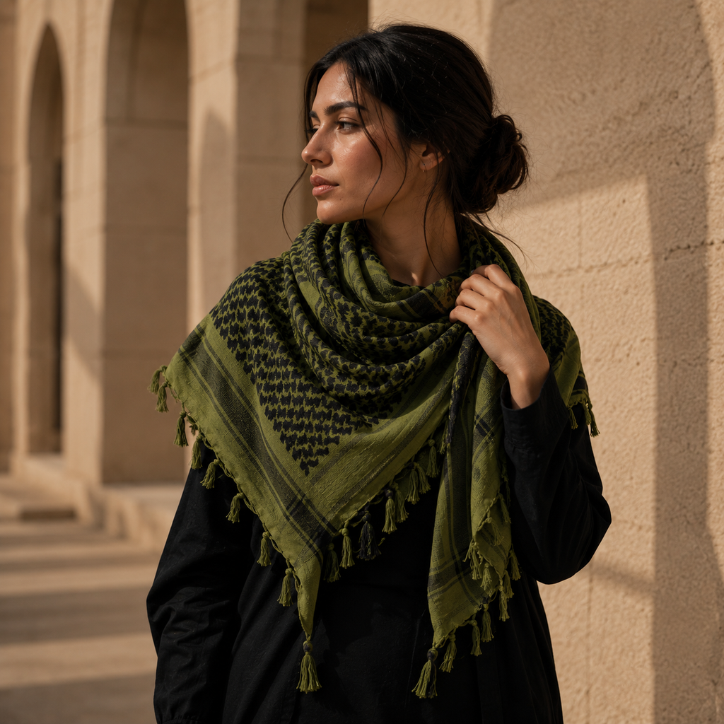 Pañuelo Palestino Verde, llevado para un look cuidado y elegante para un look femenino elegante