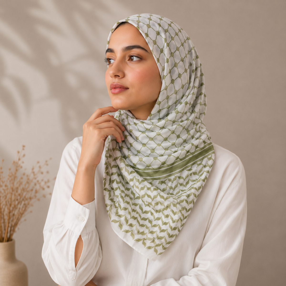 Pañuelo Palestino Verde, llevado para un look cuidado y elegante para un look femenino elegante