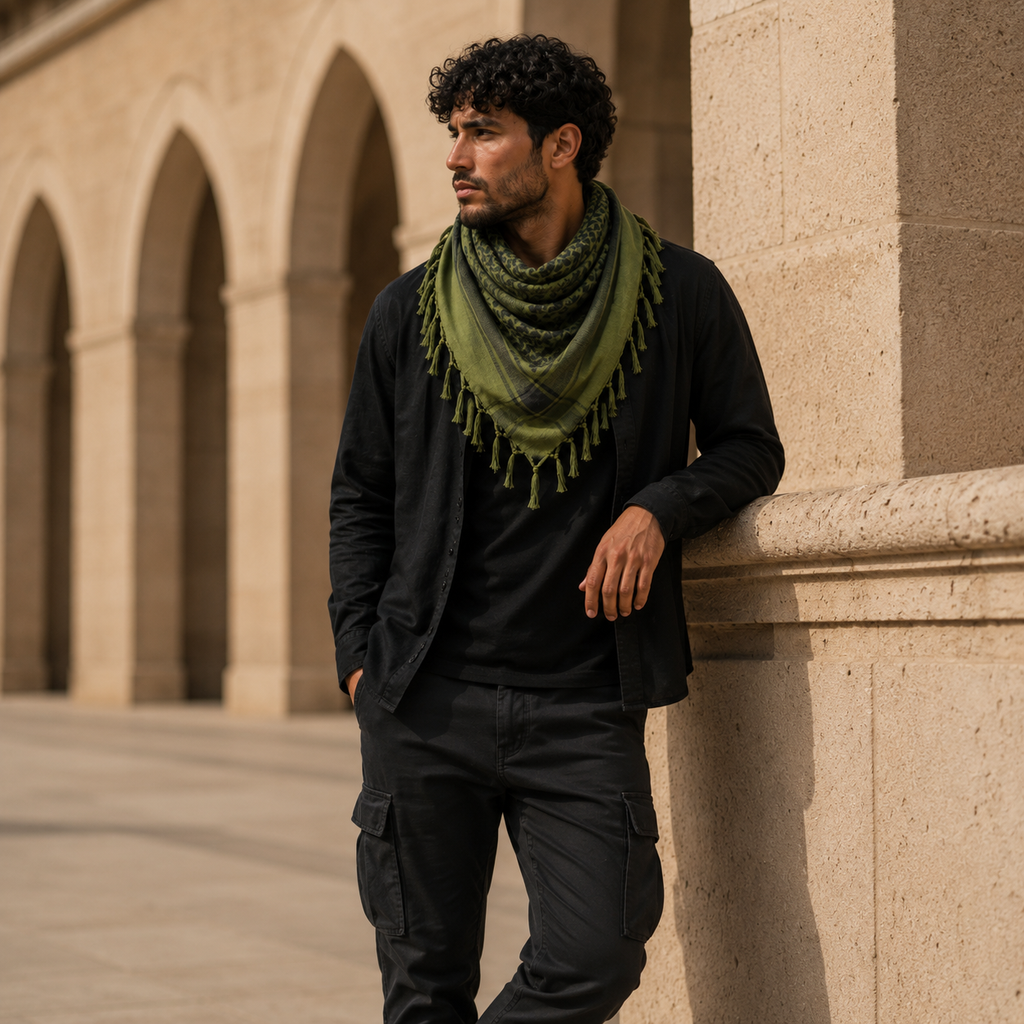 Pañuelo Palestino Verde, usado como accesorio versátil de inspiración mediterránea