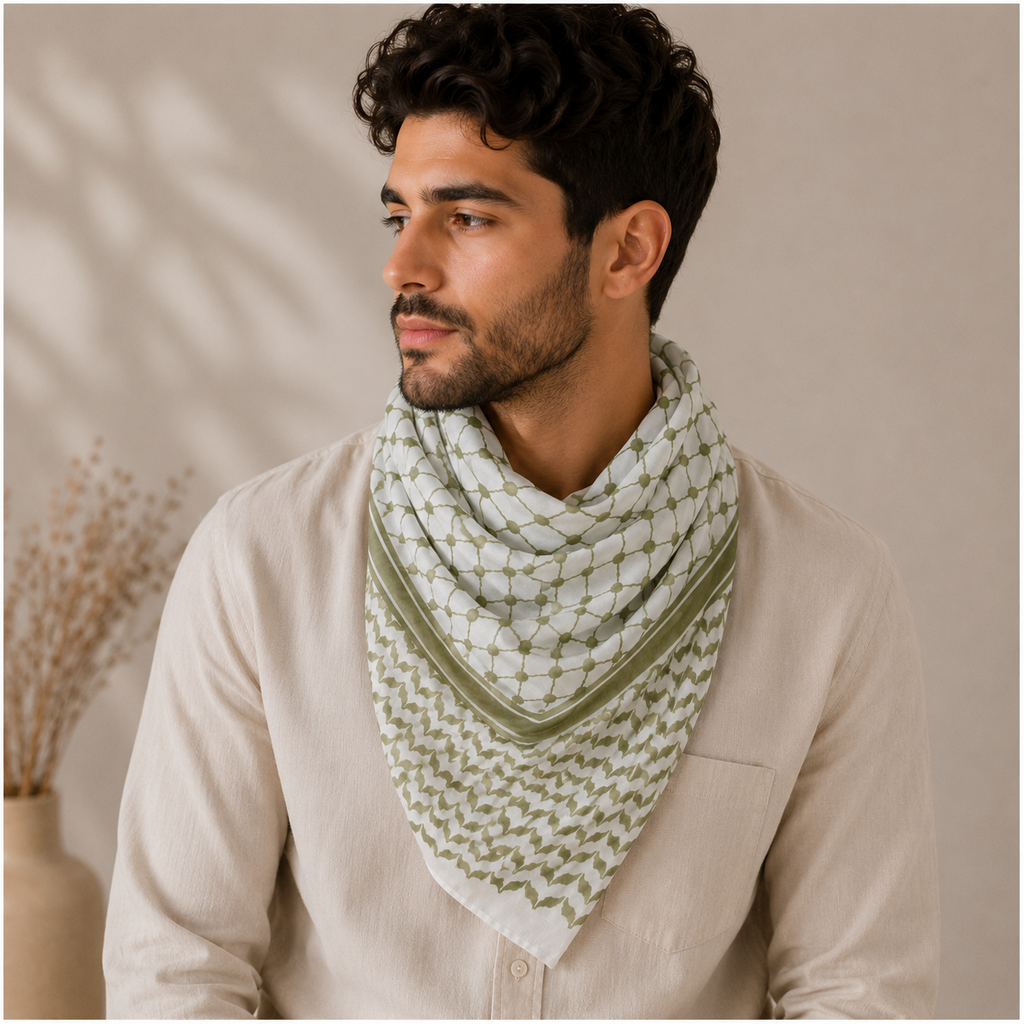 Pañuelo Palestino Verde, usado como accesorio versátil de inspiración mediterránea