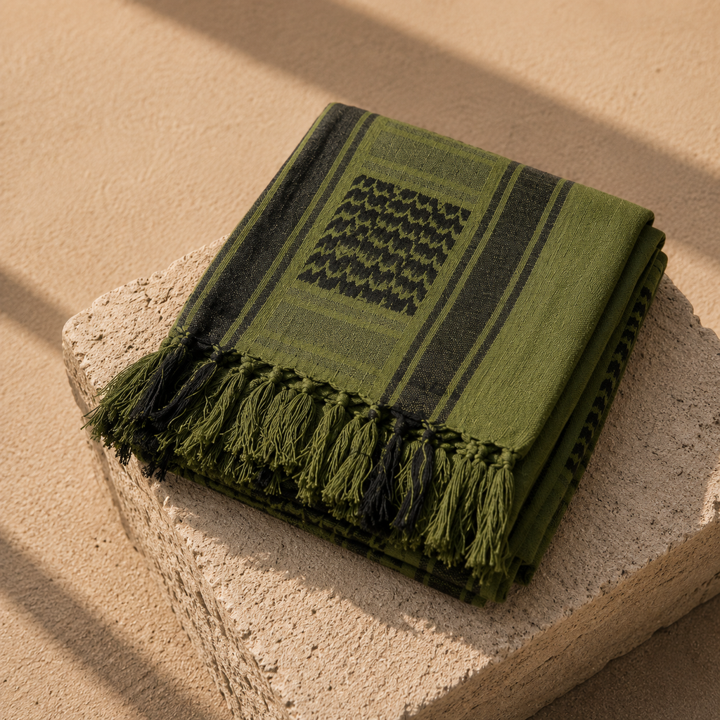 Pañuelo Palestino Verde, presentado con luz suave y estilo cuidado con acabado cuidado