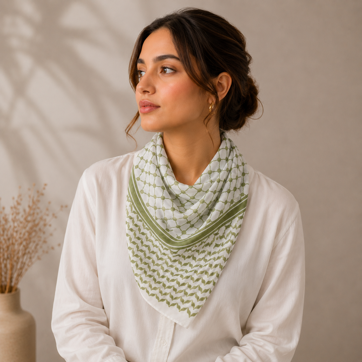 Pañuelo Palestino Verde, presentado con luz suave y estilo cuidado con acabado cuidado