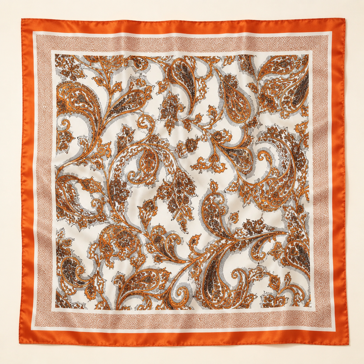 Pañuelo Paisley Naranja, presentado con luz suave