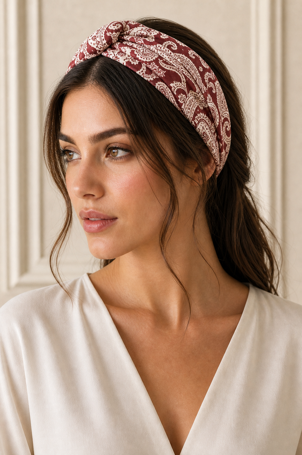 Pañuelo Rojo Burdeos con Estampado Paisley, usado en el cabello con aire mediterráneo
