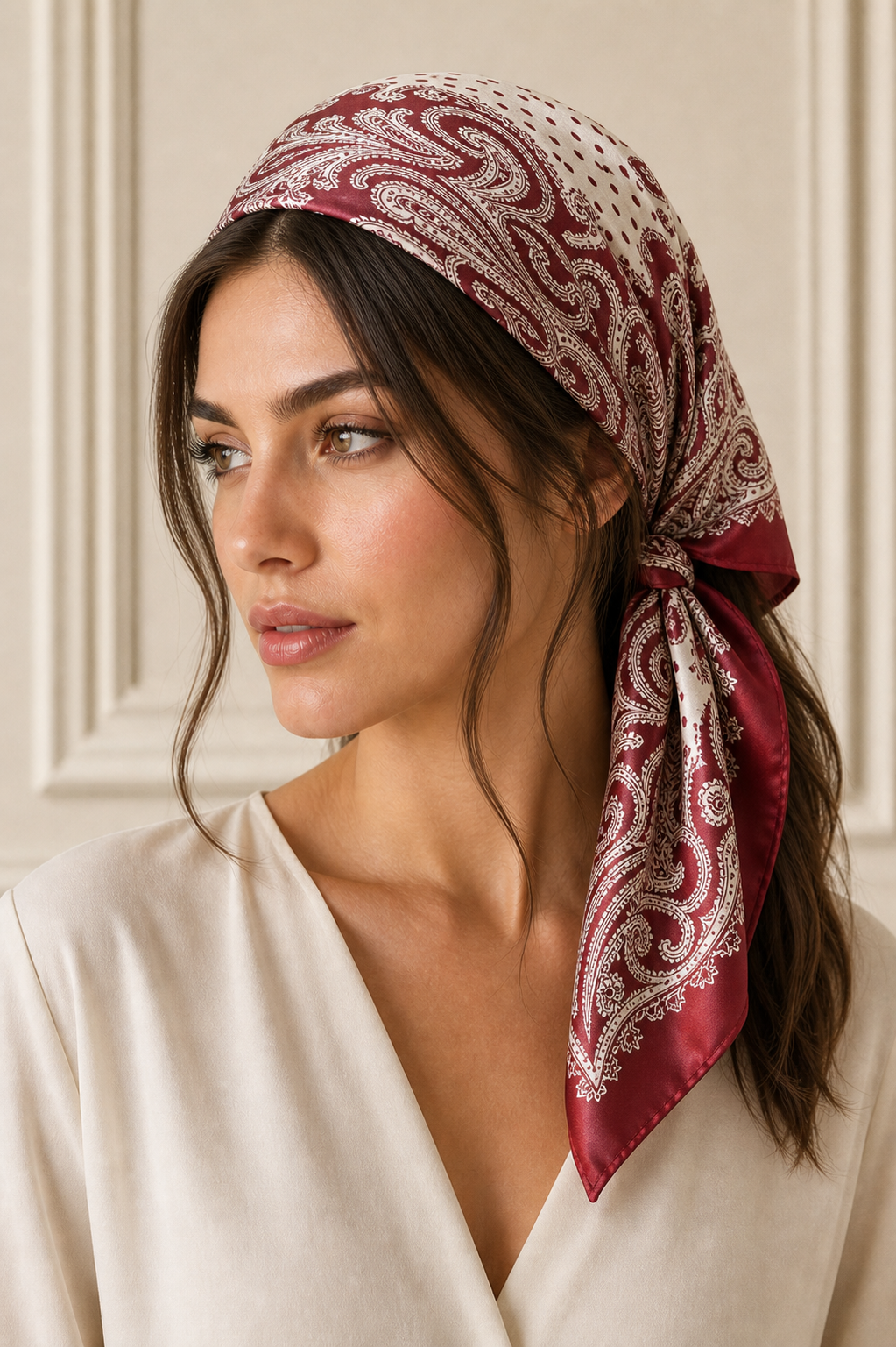 Pañuelo Rojo Burdeos con Estampado Paisley, llevado en la cabeza con estilo sofisticado y natural