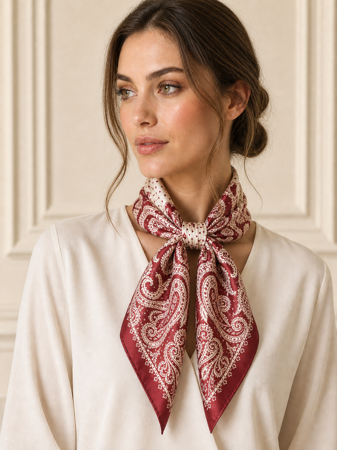 Pañuelo Rojo Burdeos con Estampado Paisley, llevado al cuello con estilo elegante