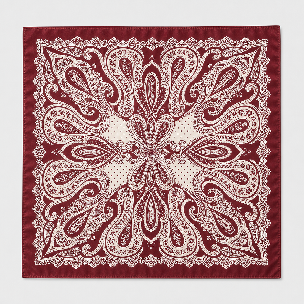 Pañuelo Rojo Burdeos con Estampado Paisley, extendido para apreciar su diseño y acabado