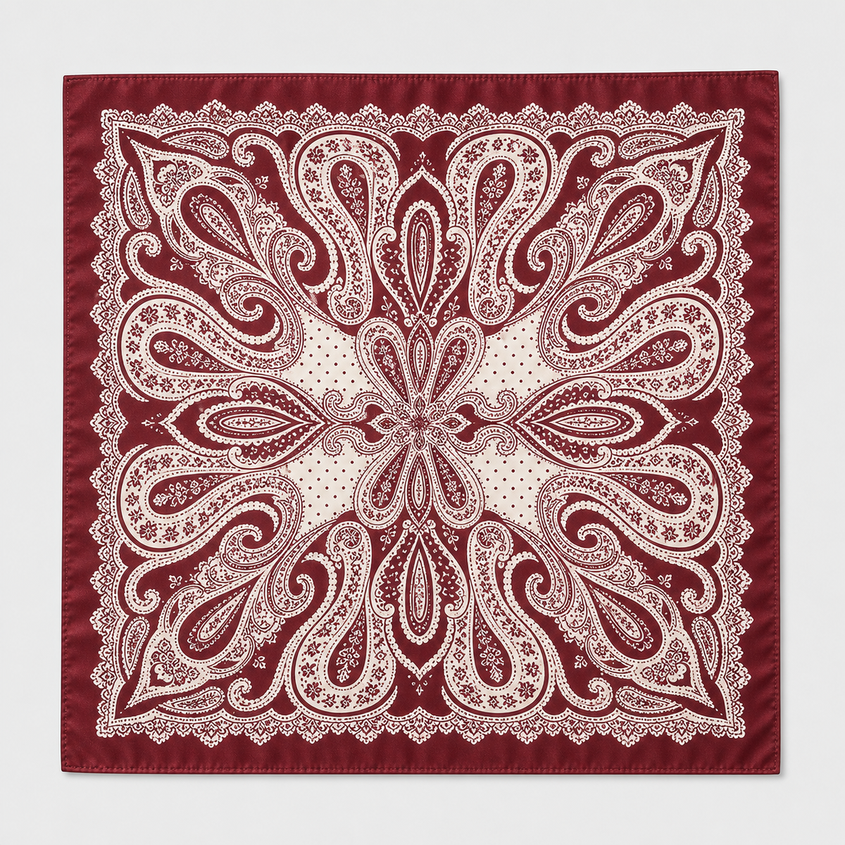 Pañuelo Rojo Burdeos con Estampado Paisley, extendido para apreciar su diseño y acabado
