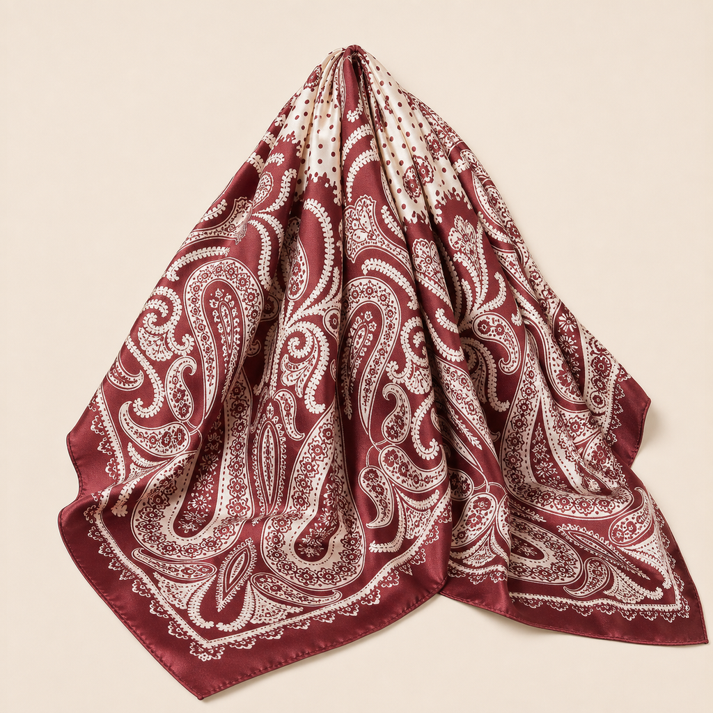 Pañuelo Rojo Burdeos con Estampado Paisley, con una presentación cuidada y estilo elegante