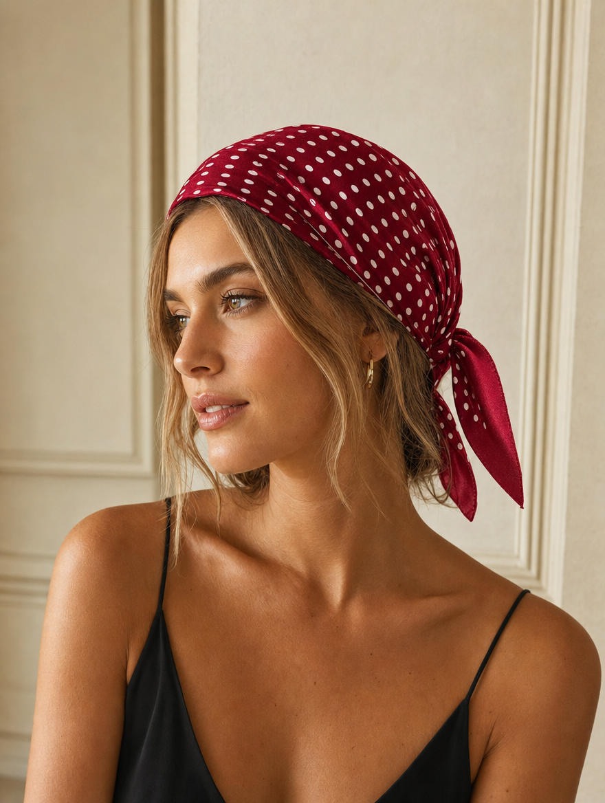 Pañuelo Rojo con Lunares Blancos, llevado en la cabeza con estilo sofisticado y natural con acabado cuidado