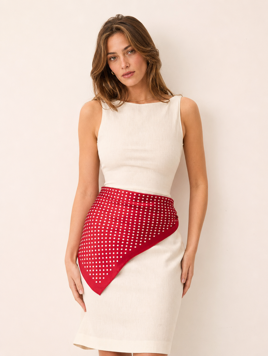 Pañuelo Rojo con Lunares Blancos, usado a la cintura como accesorio elegante y sofisticado